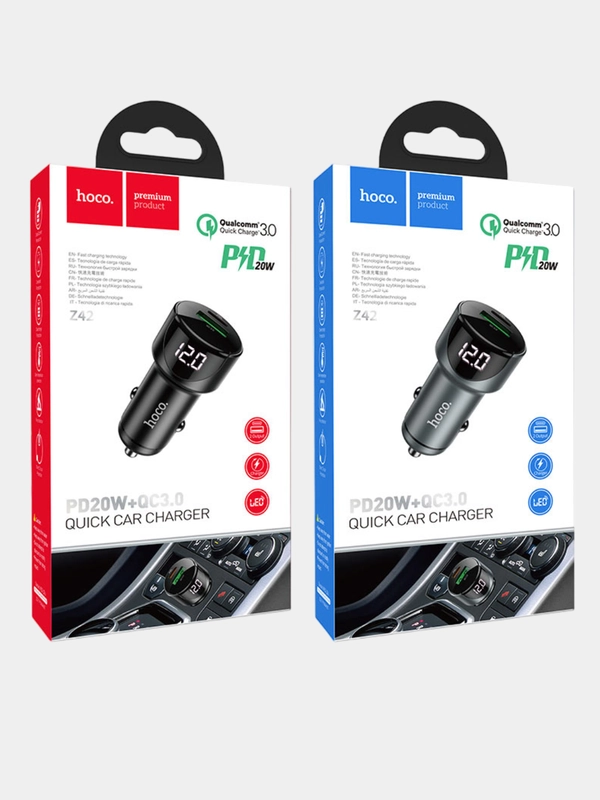 Автомобильное зарядное устройство Hoco Z42 Light Road 1xUSB, 1xUSB-C, 3А, PD20W, QC3.0,LED