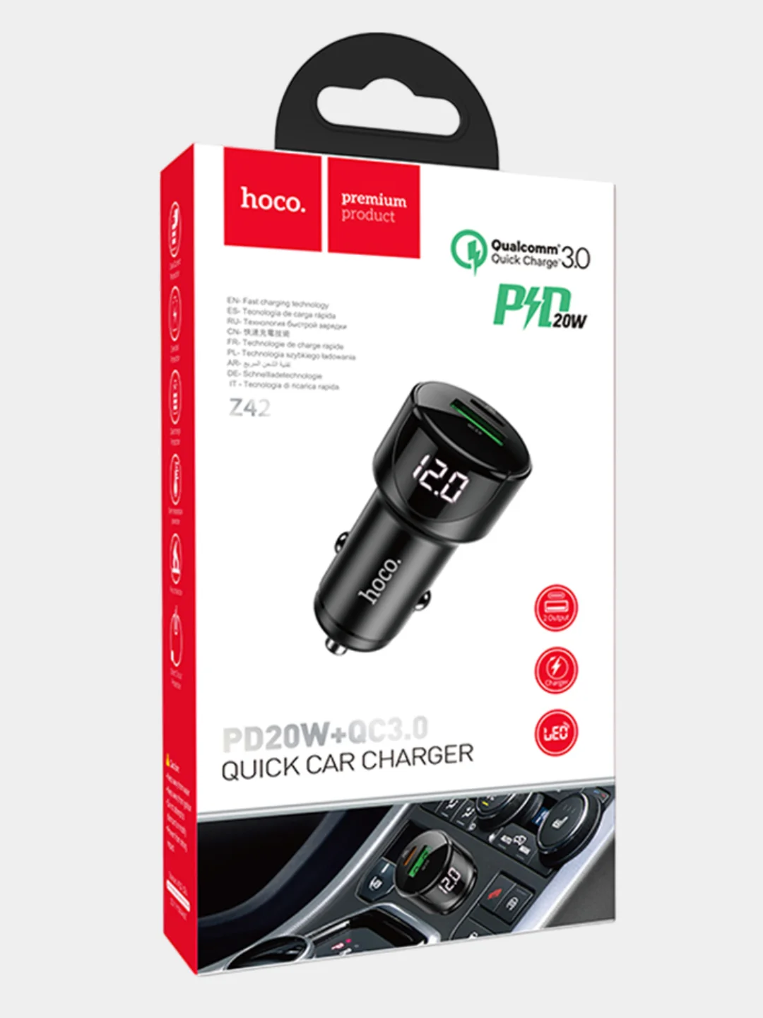 Автомобильное зарядное устройство Hoco Z42 Light Road 1xUSB, 1xUSB-C, 3А, PD20W, QC3.0,LED