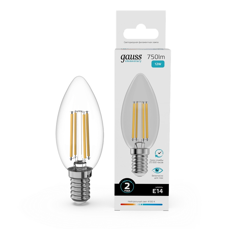 Лампочка светодиодная E14 Свеча 12W нейтр. белый 4100К УПАК 10шт Gauss Elementary Filament