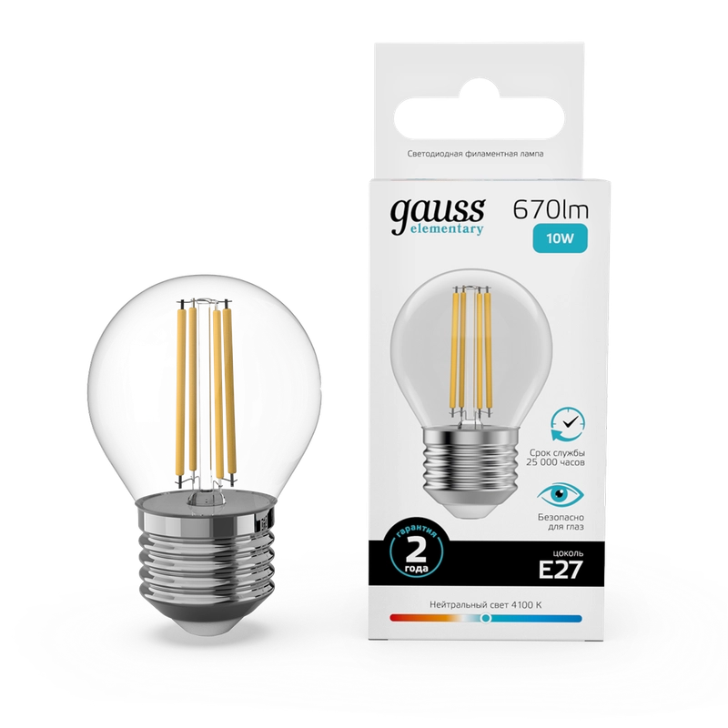 Лампочка светодиодная E27 Шар 10W нейтр. белый 4100К УПАК 10 шт. Gauss Elementary Filament