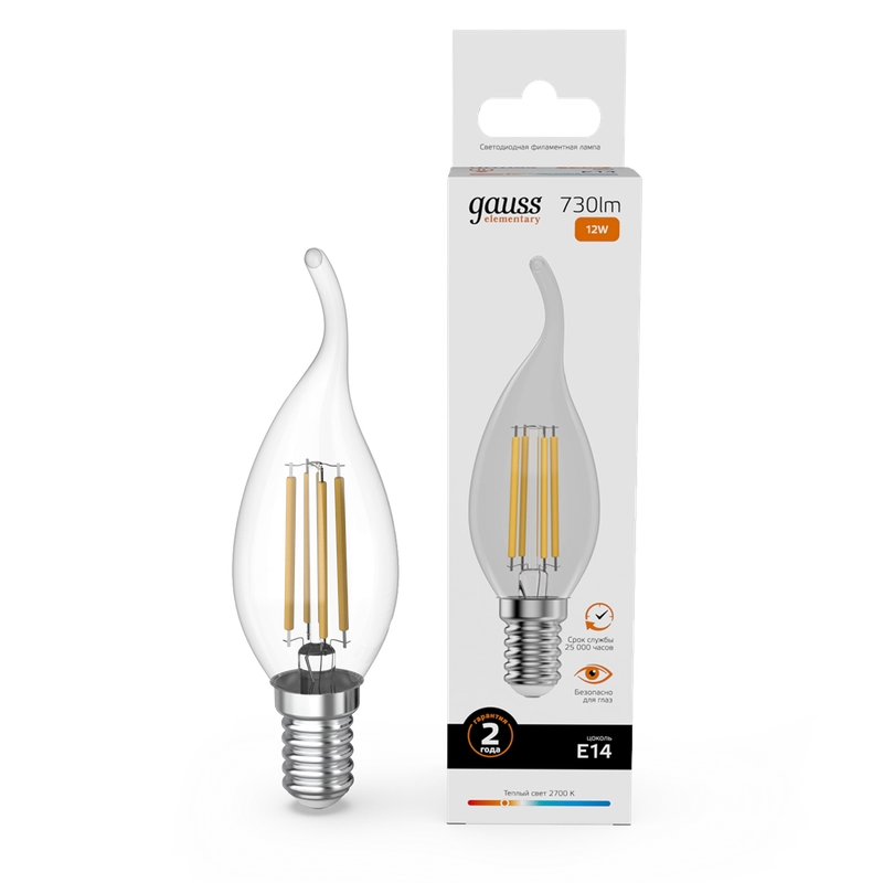 Лампа светодиодная E14 Свеча на ветру 12W теплый 2700К УПАК10шт Gauss Elementary Filament