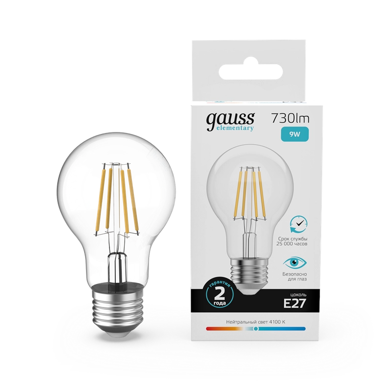 Лампочка светодиодная E27 Груша 9W нейтр. белый 4100К УПАК 10шт. Gauss Elementary Filament
