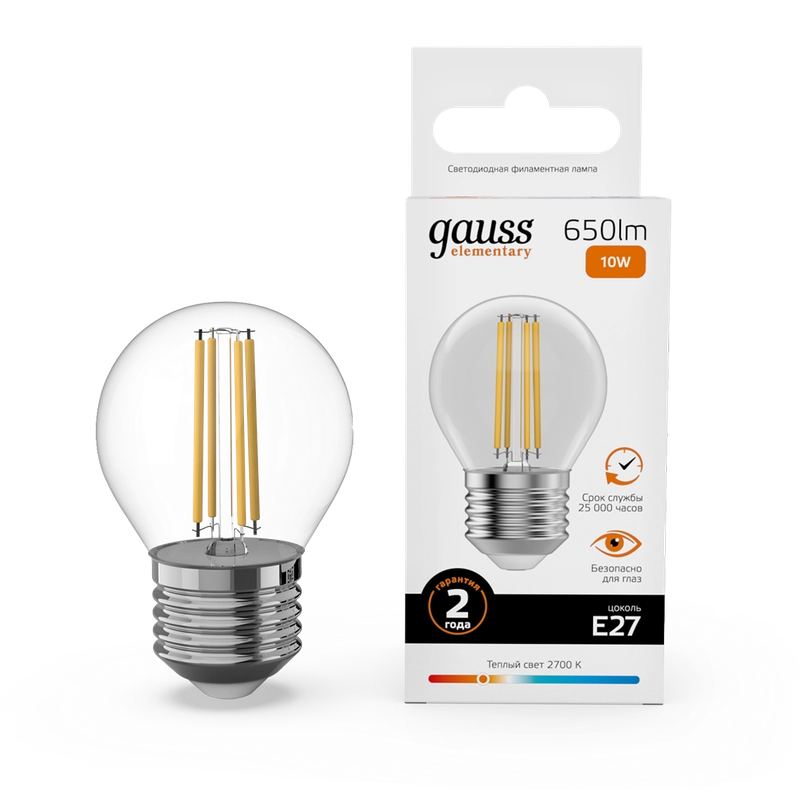 Лампочка светодиодная E27 Шар 10W теплый 2700К УПАКОВКА 10 шт. Gauss Elementary Filament