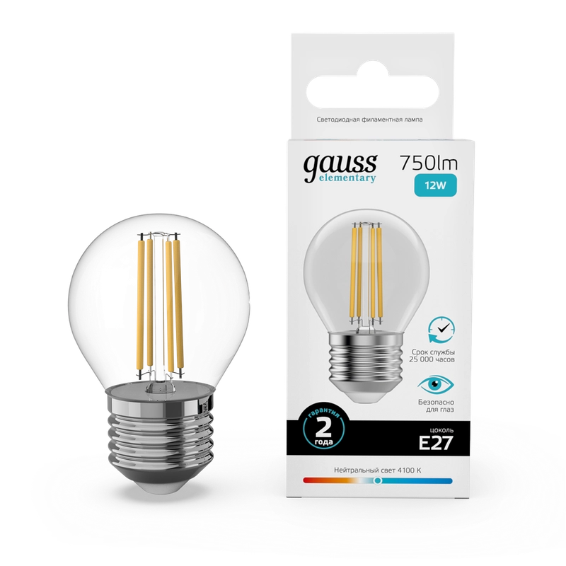 Лампочка светодиодная E27 Шар 12W нейтр. белый 4100К УПАК 10 шт. Gauss Elementary Filament