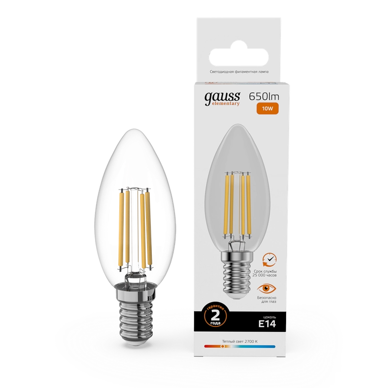 Лампочка светодиодная E14 Свеча 10W теплый 2700К УПАКОВКА 10 шт. Gauss Elementary Filament