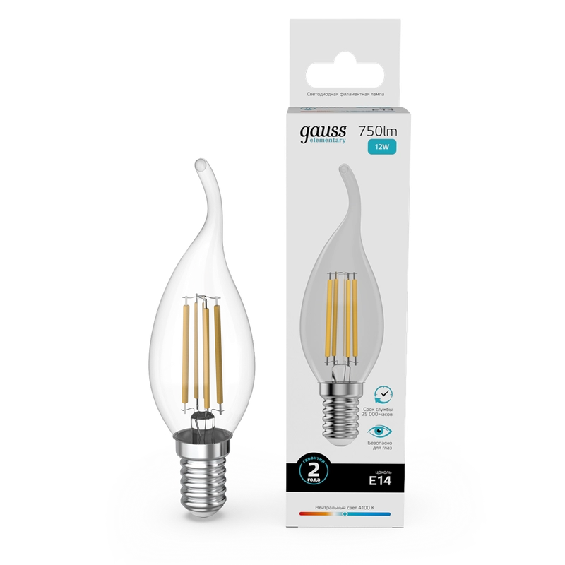 Лампочка светодиодная E14 Свеча на ветру 12W 4100К 10шт Gauss Elementary Filament