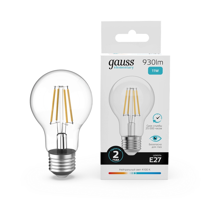 Лампочка светодиодная E27 Груша 11W нейтр.белый 4100К УПАК 10шт. Gauss Elementary Filament