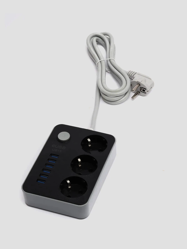 Сетевой фильтр-удлинитель 6 USB A, 3 розетки, быстрая зарядка 4.1А, 1.8 метров, черный
