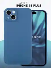 Синий чехол+ стекло для iPhone 15 Plus 15+ силиконовый ROSCO матовый с бортиком- защитой камер