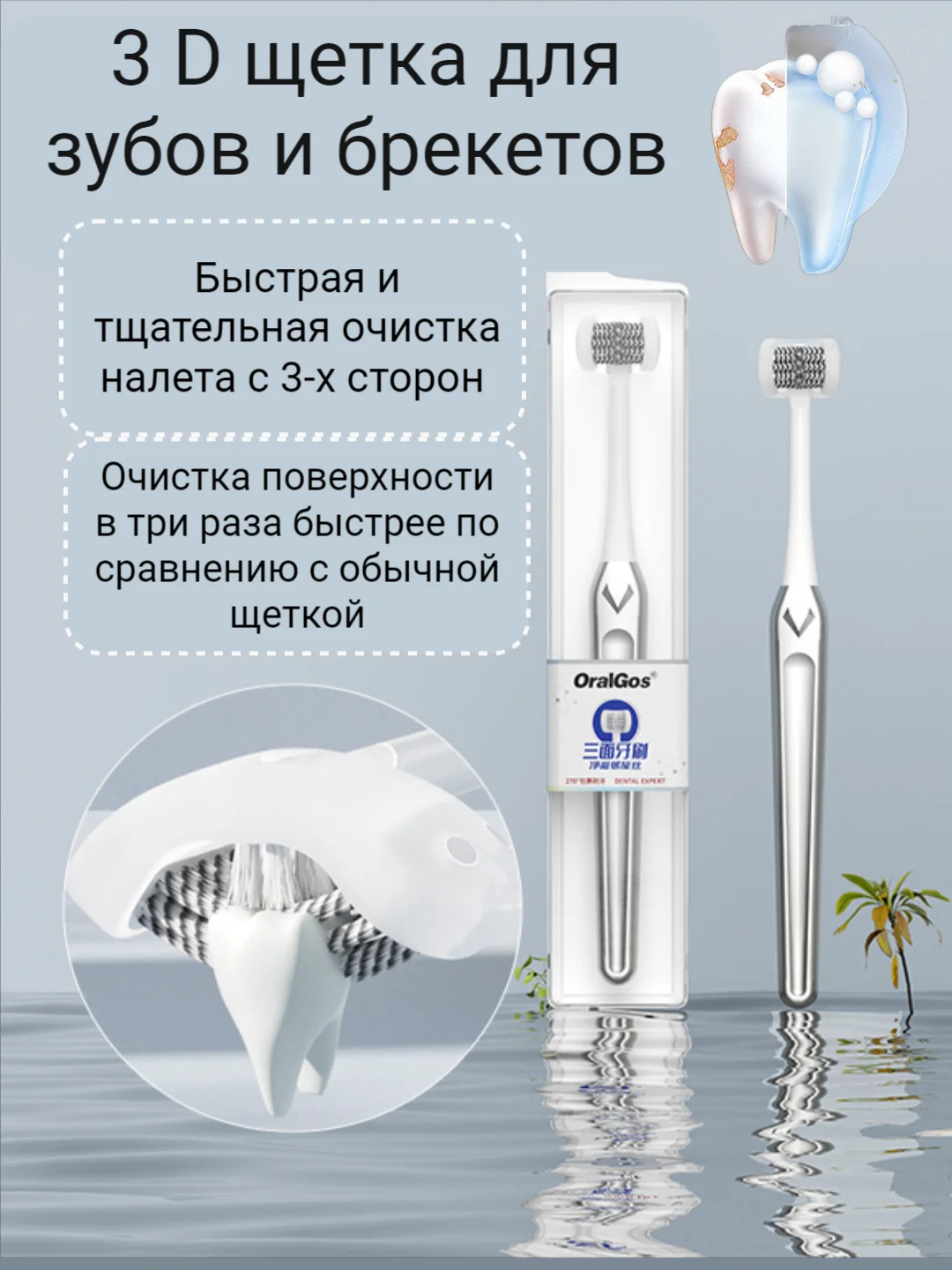 Золотой зубная щетка 3 Д, трехсторонняя 3D, для бережной чистки зубов, брекетов, виниров