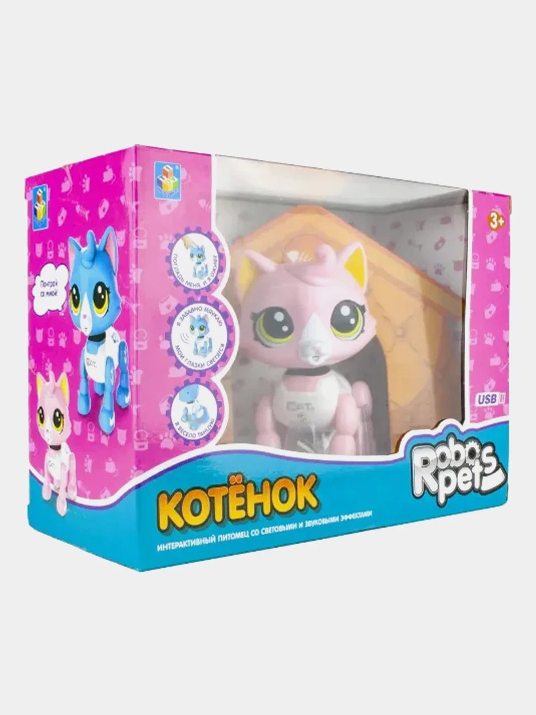 Интерактивный Робо-котенок 1 toy бело-розовый, свет,звук, движение