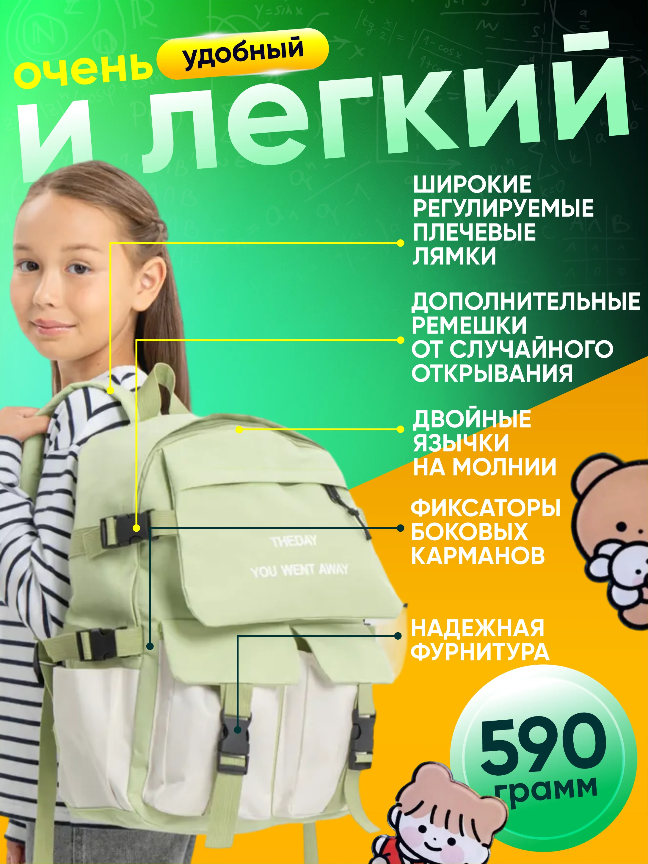 Мятный рюкзак школьный 5 в 1: ранец, шоппер, пенал, косметичка, мешочек для мелочей + подарочки!