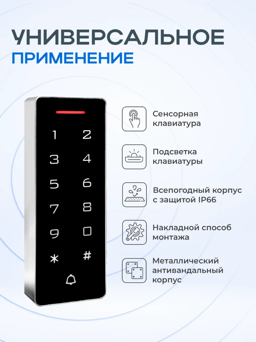 Бесконтактный считыватель с кодонаборной панелью и контроллером Ps-Link PS-T1202EM-WP-W