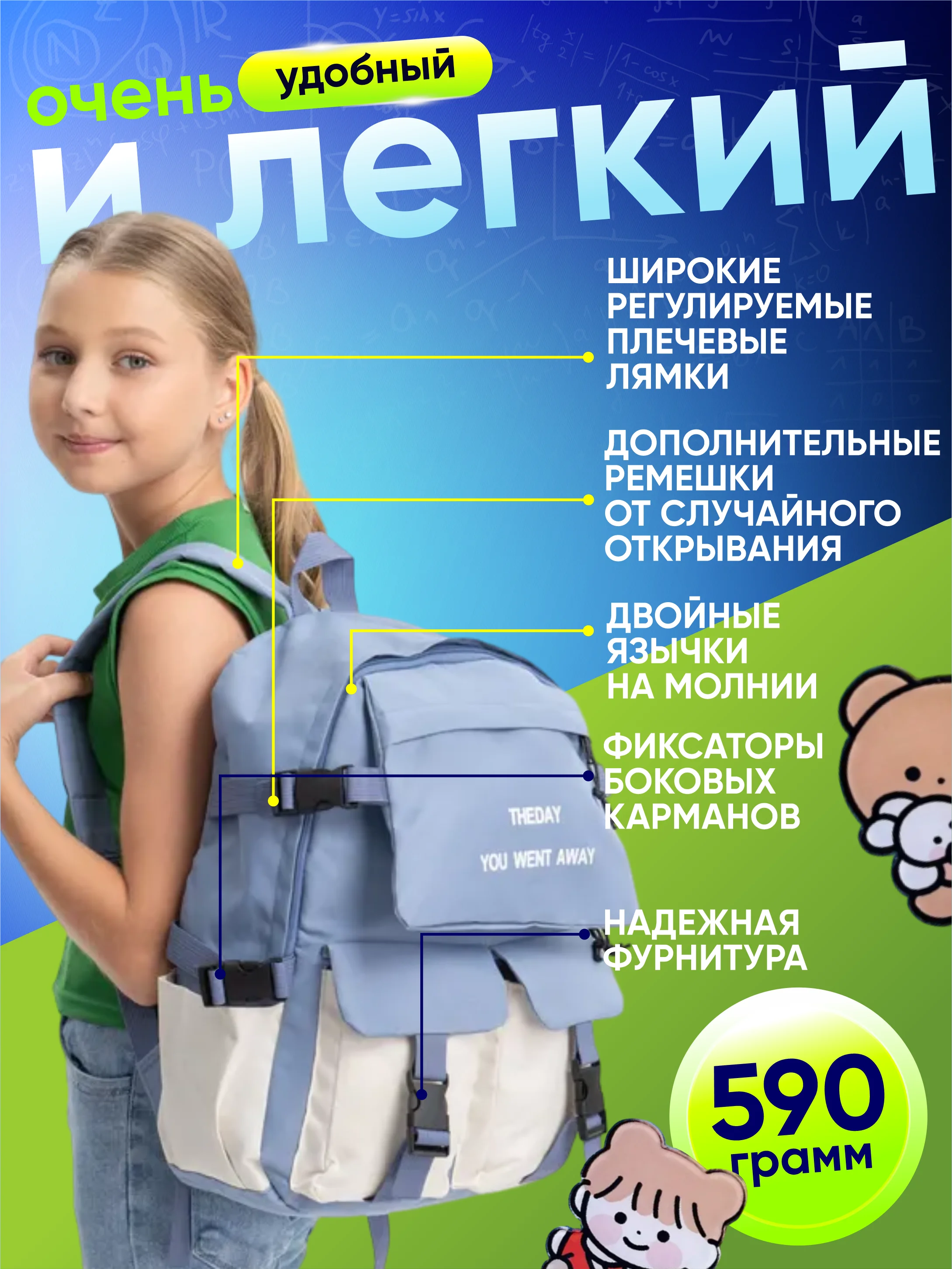 Синий меланж рюкзак школьный 5 в 1: ранец, шоппер, пенал, косметичка, мешочек для мелочей + подарочки!