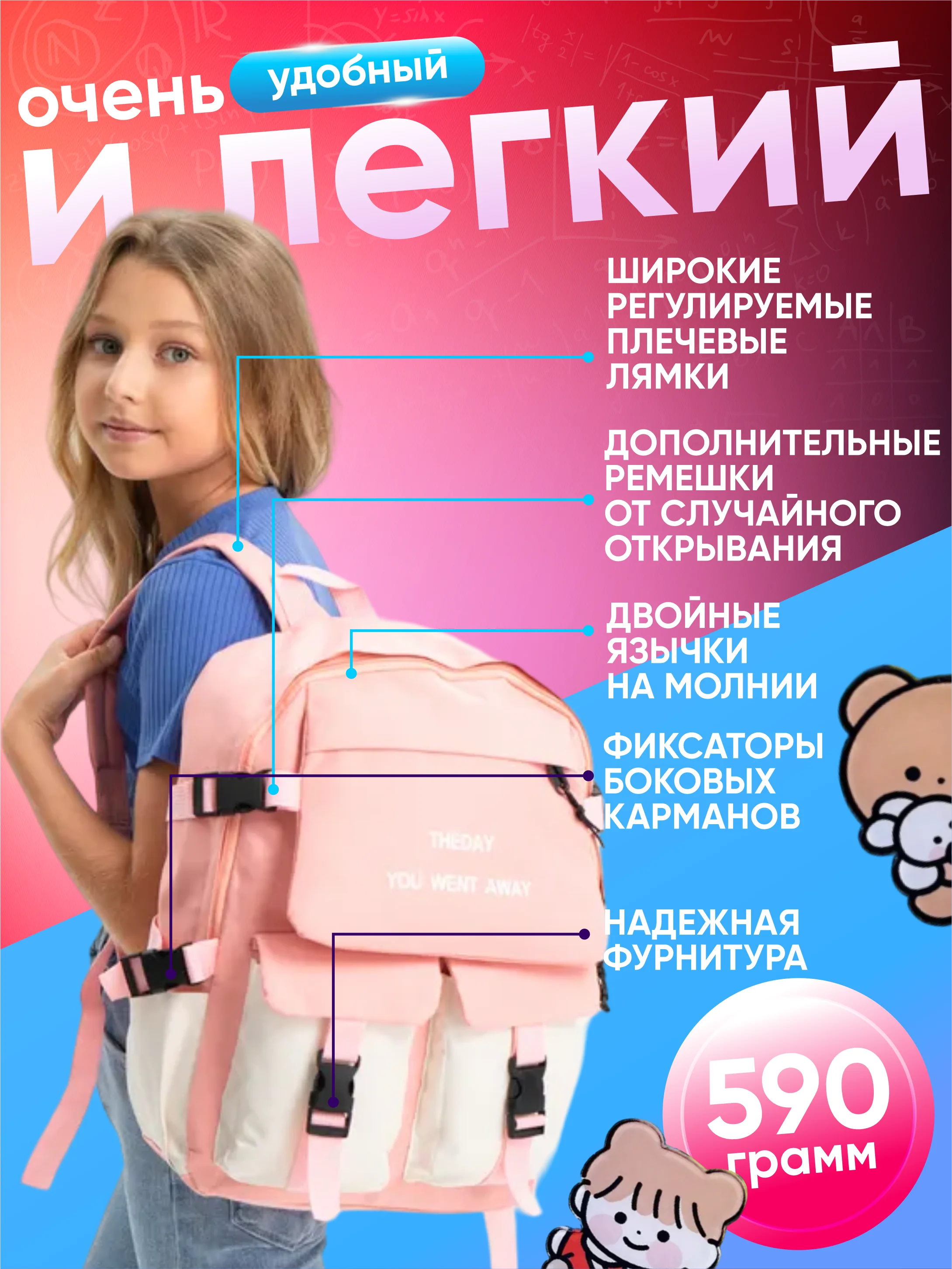 Кораллово-розовый рюкзак школьный 5 в 1: ранец, шоппер, пенал, косметичка, мешочек для мелочей + подарочки!