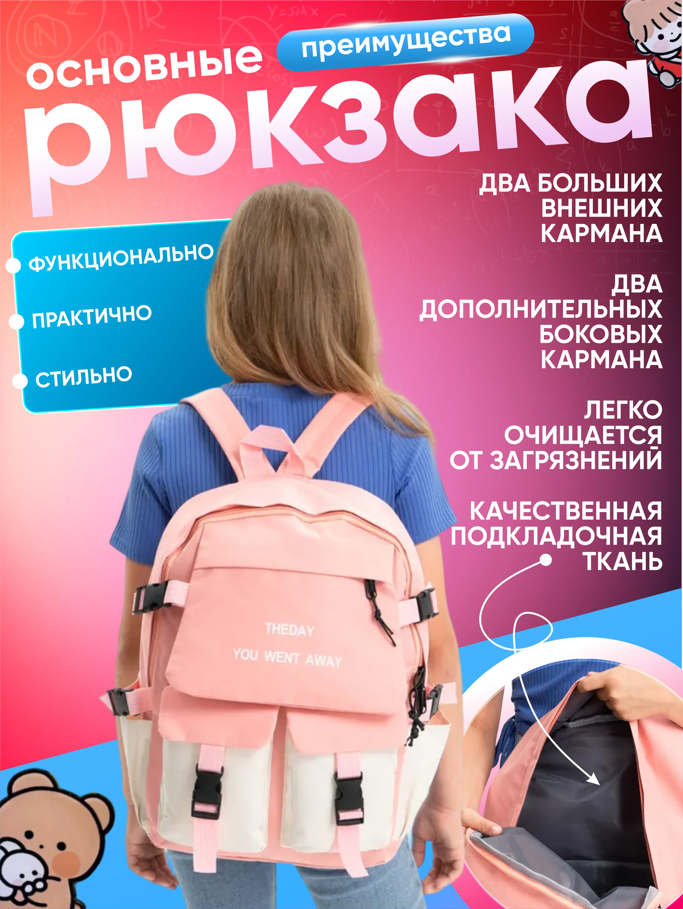 Кораллово-розовый рюкзак школьный 5 в 1: ранец, шоппер, пенал, косметичка, мешочек для мелочей + подарочки!