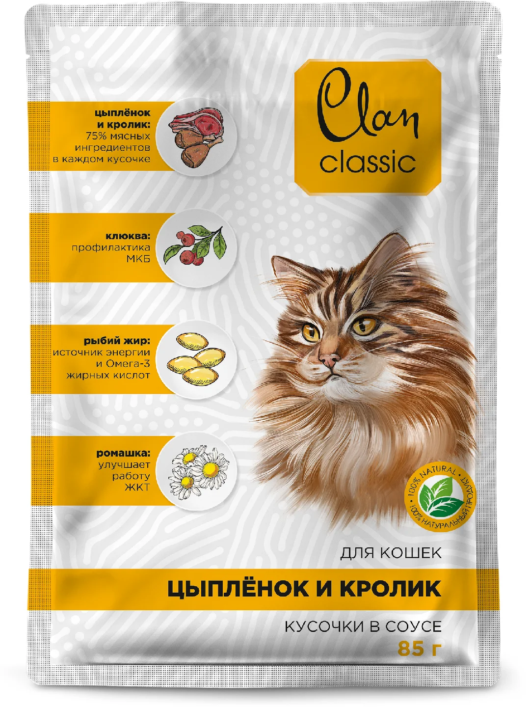 Корм влажный CLAN Classic для кошек в соусе, пауч 85г, 14 шт.