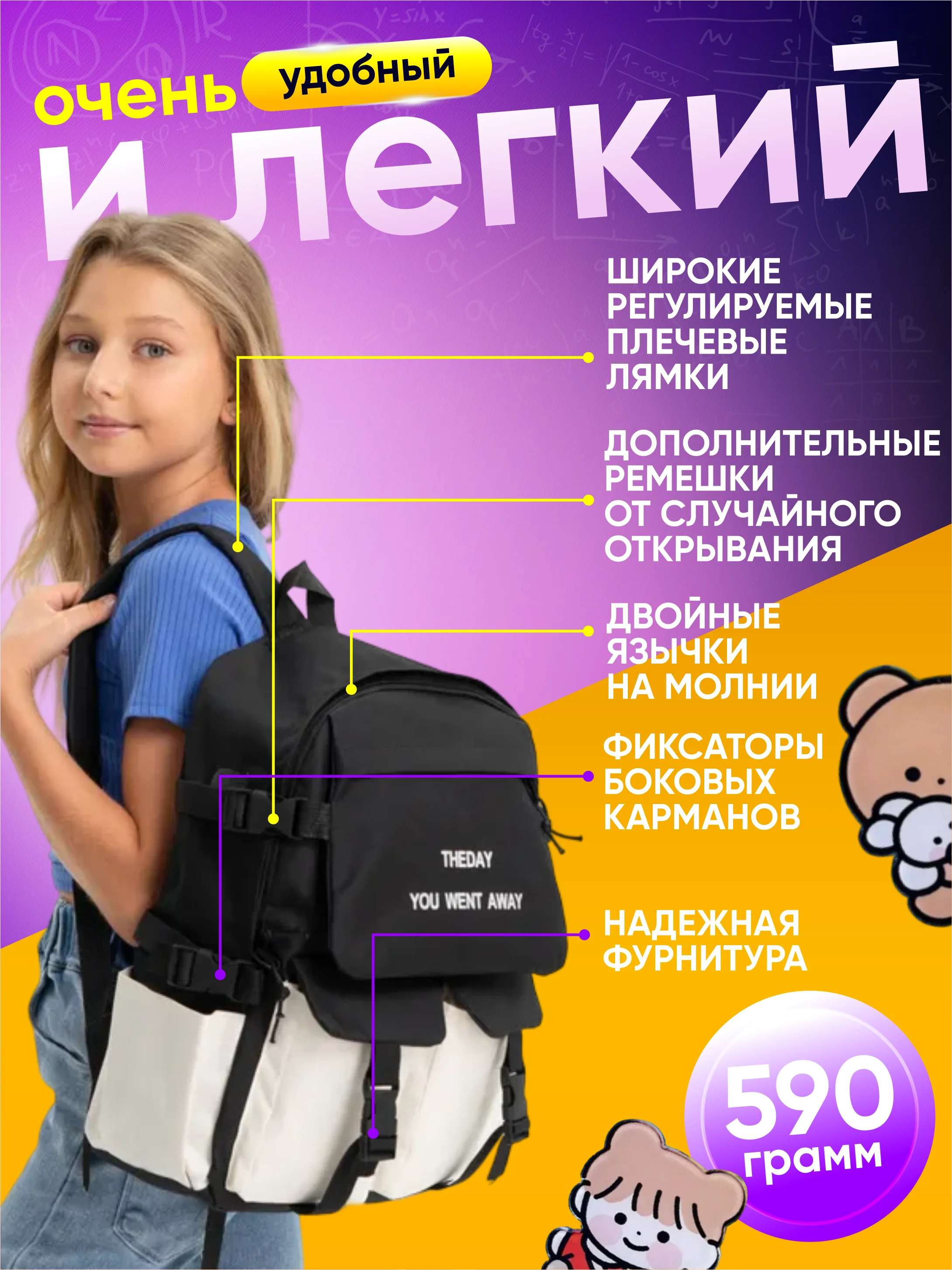 Синий меланж рюкзак школьный 5 в 1: ранец, шоппер, пенал, косметичка, мешочек для мелочей + подарочки!