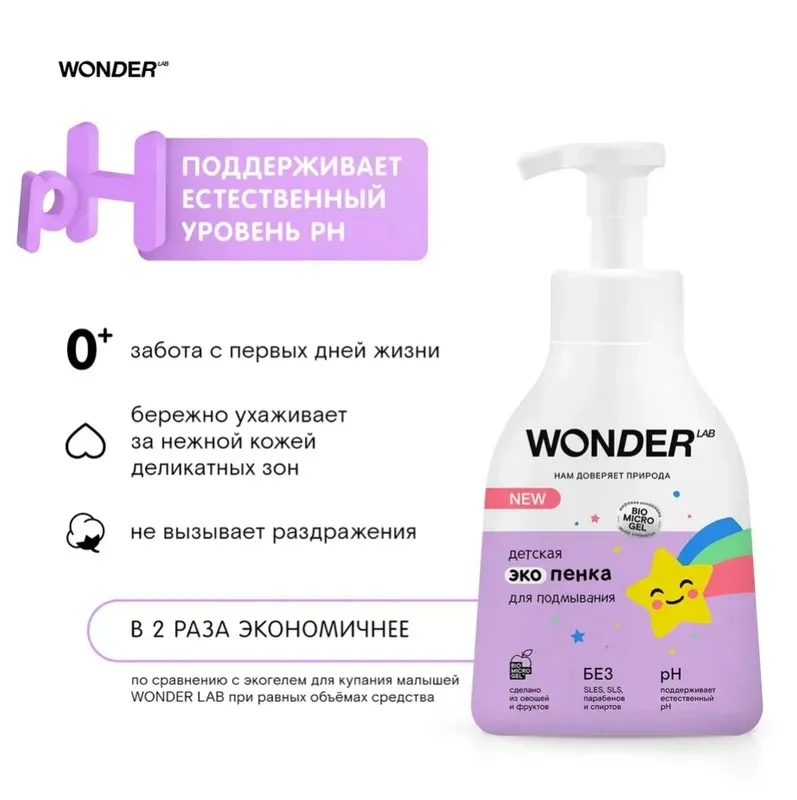 Эко пенка для подмывания младенцев и детей с рождения 0+ WONDER LAB без запаха средство