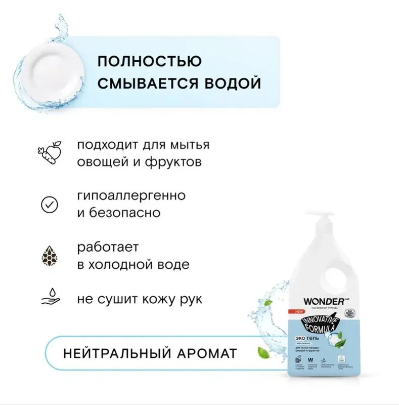 Эко гель для мытья посуды овощей и фруктов без запаха WONDER LAB, 1000 мл