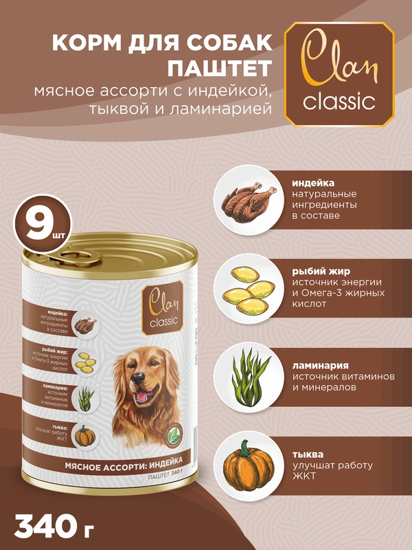 Корм влажный CLAN Classic для собак Мясное ассорти, паштет, ж/б 340г, 9 шт