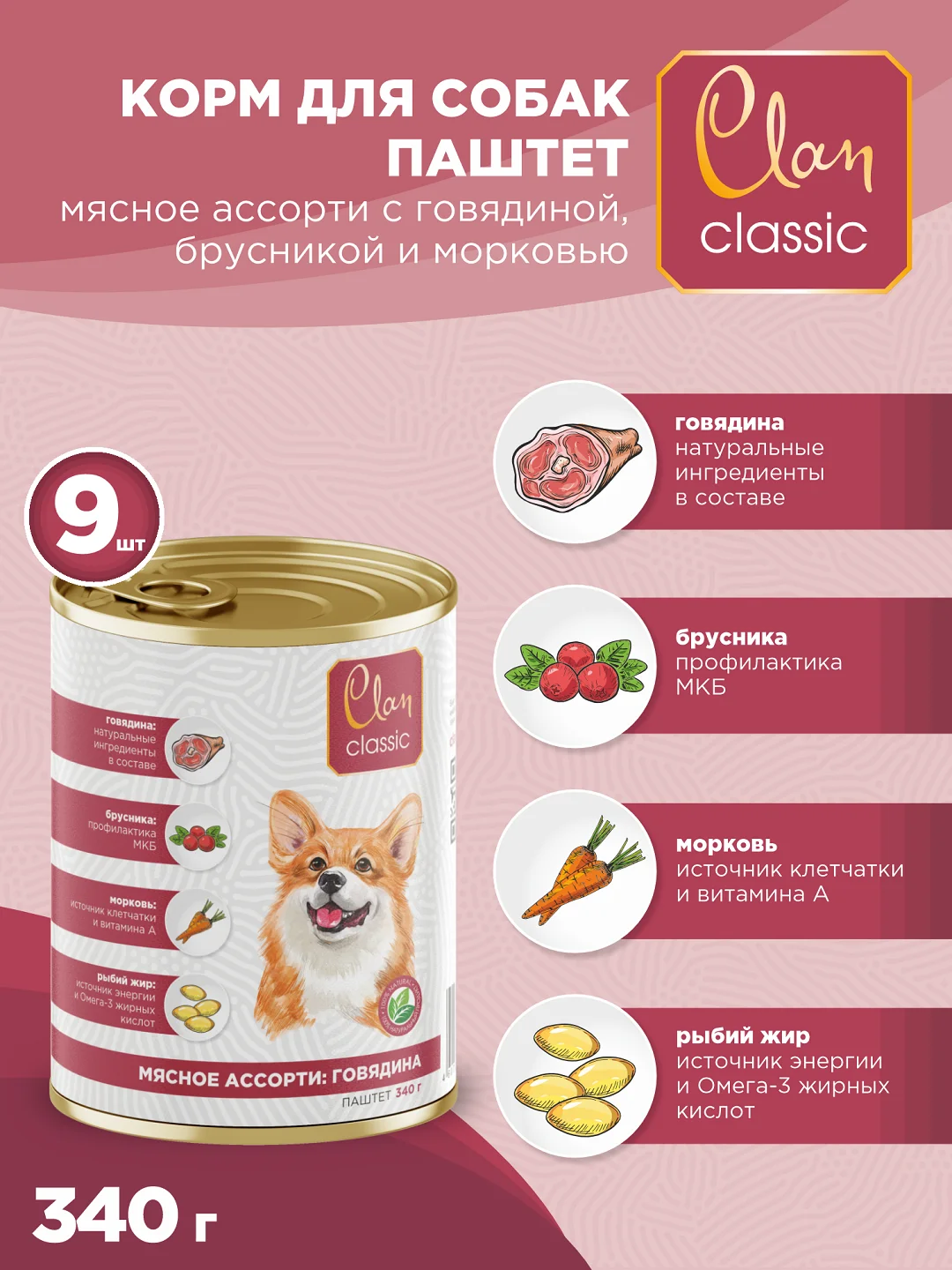 Корм влажный CLAN Classic для собак Мясное ассорти, паштет, ж/б 340г, 9 шт