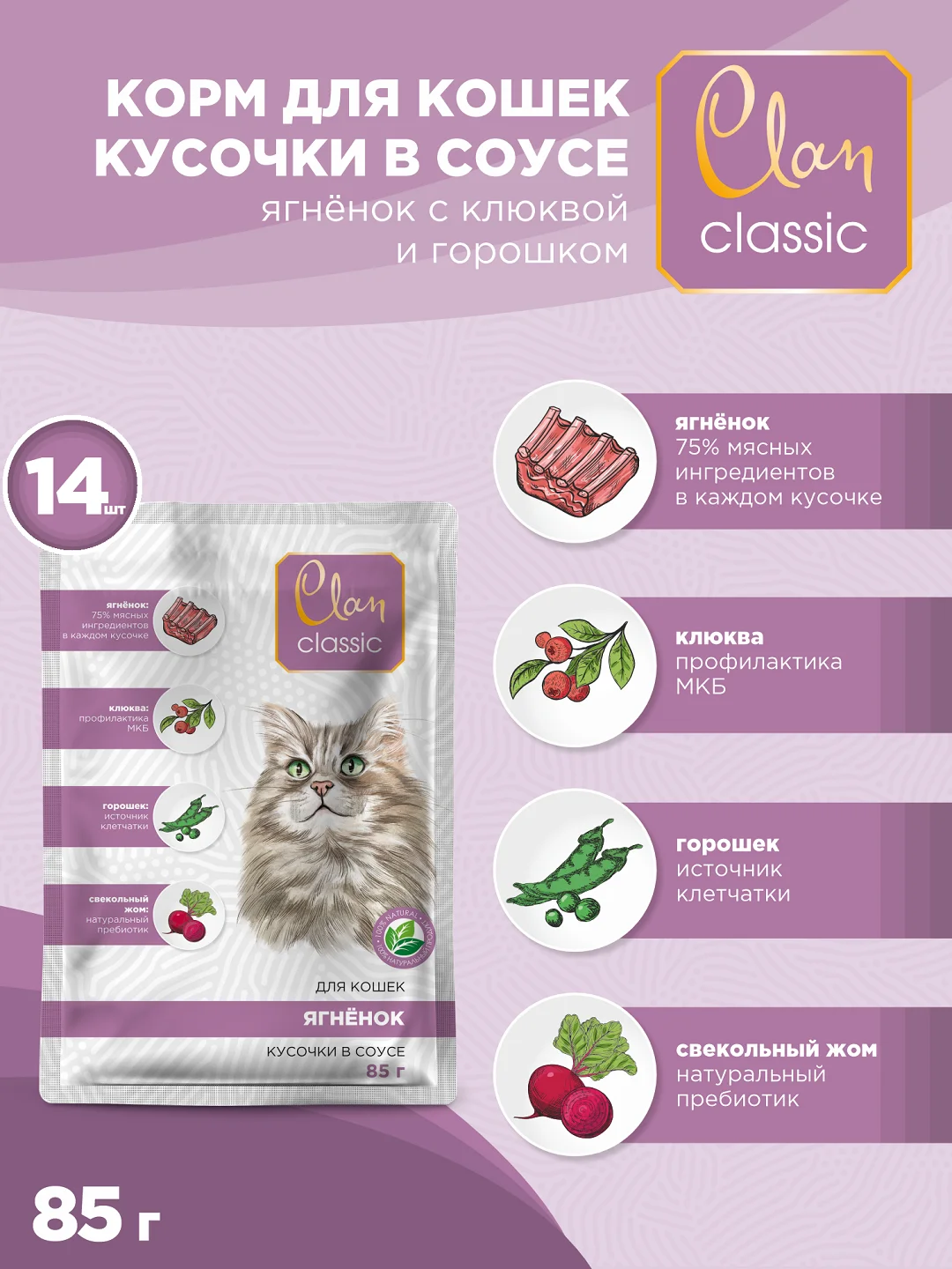 Корм влажный CLAN Classic для кошек в соусе, пауч 85г, 14 шт.