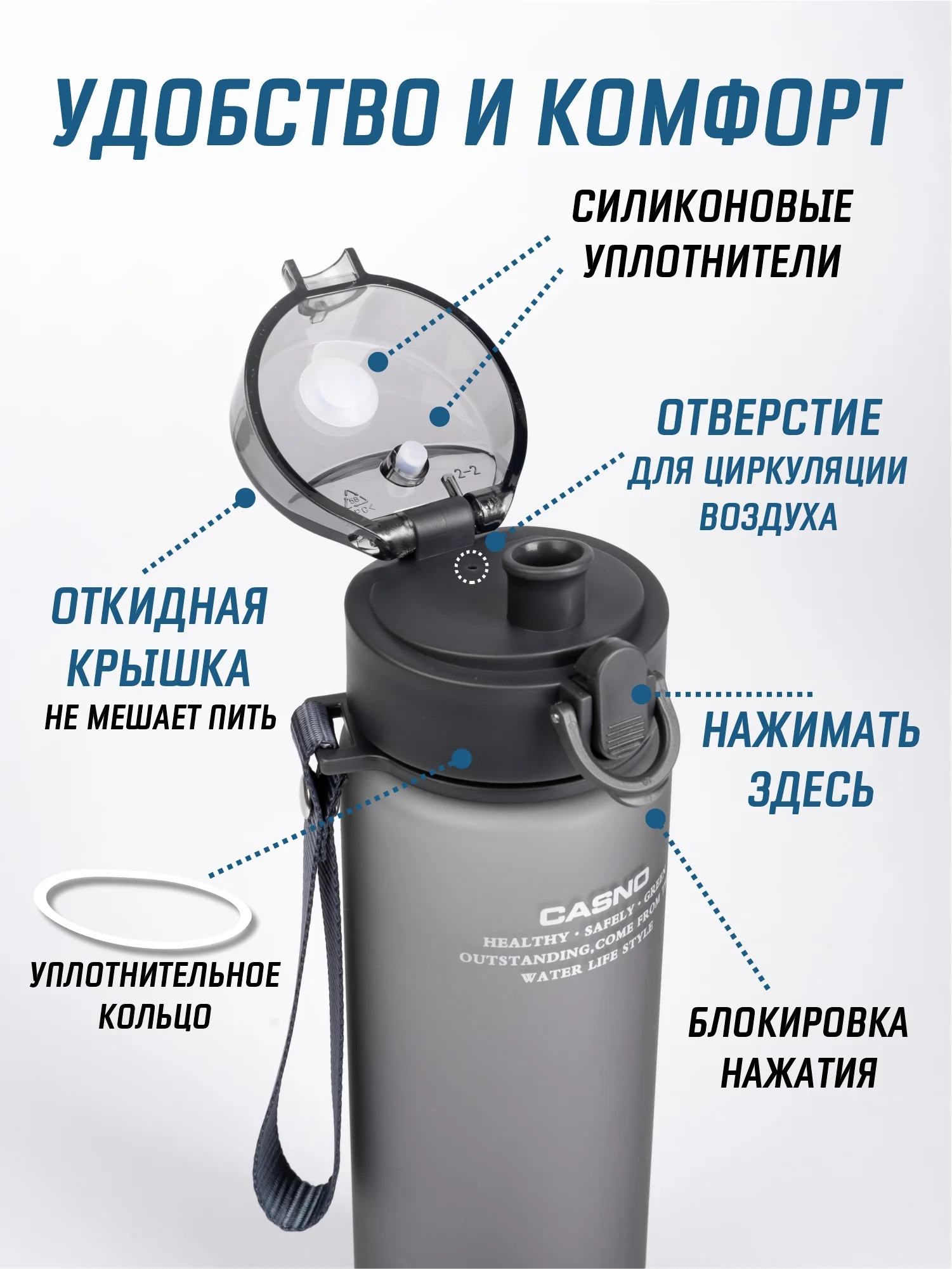Серый металлик бутылка для воды Casno 400мл, 560 мл, 1050 мл / Спортивная бутылка для воды и напитков
