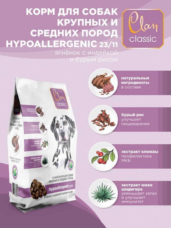 Корм сухой CLAN Classic Hypoallergenic для крупных и средних собак, Ягнёнок и индейка