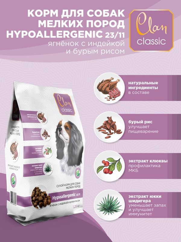 Корм сухой CLAN Classic Hypoallergenic для мелких собак, Ягнёнок и индейка