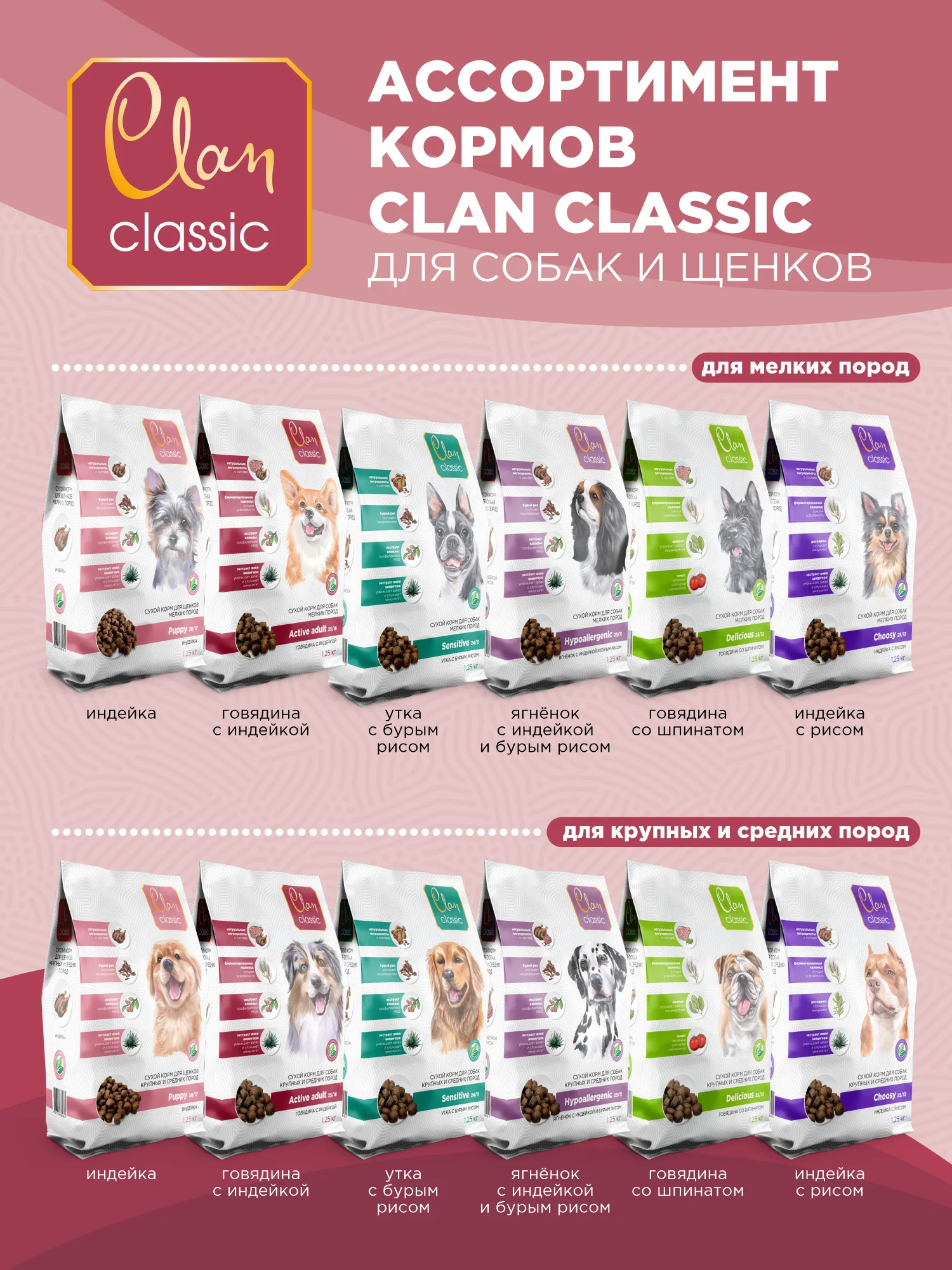 Корм сухой CLAN Classic Active для активных мелких собак, говядина и индейка