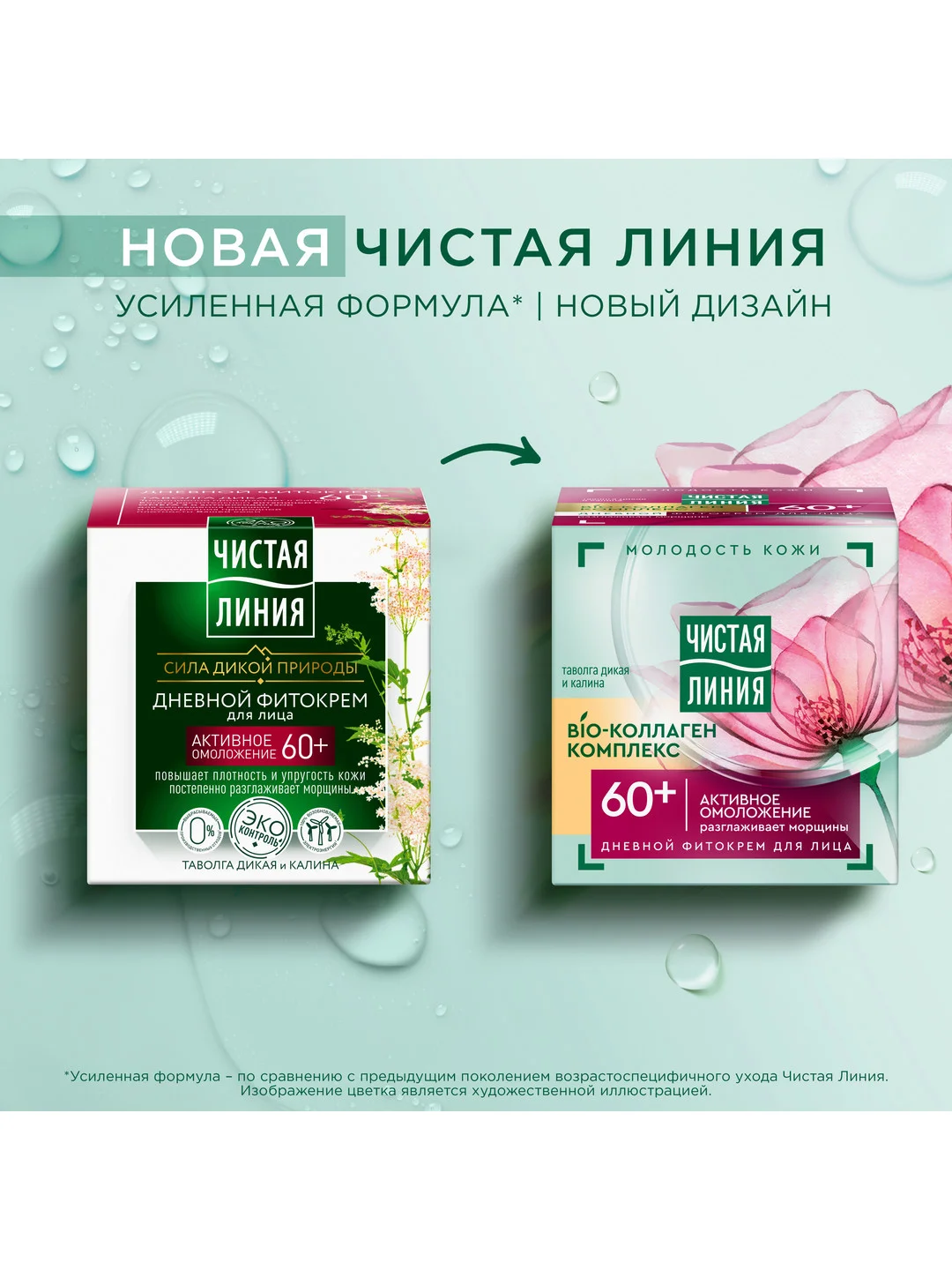 Крем для лица дневной Чистая линия "Активное омоложение", 60+, таволга и калина, 45 мл