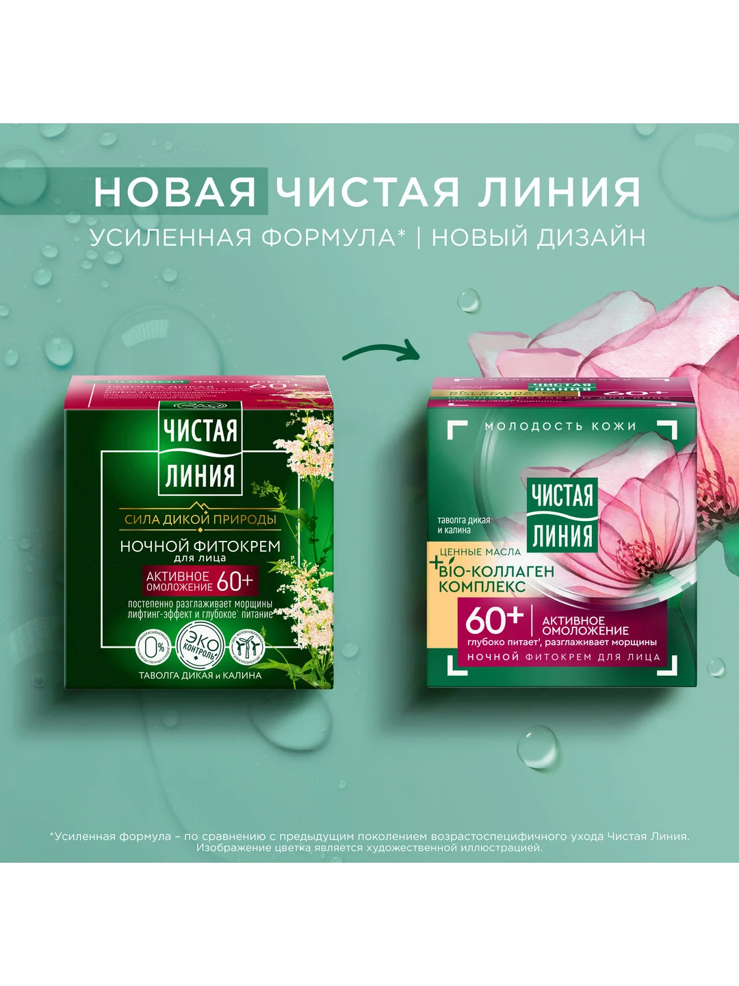 Ночной крем для лица Чистая линия Таволга и калина, 60+, 45 мл
