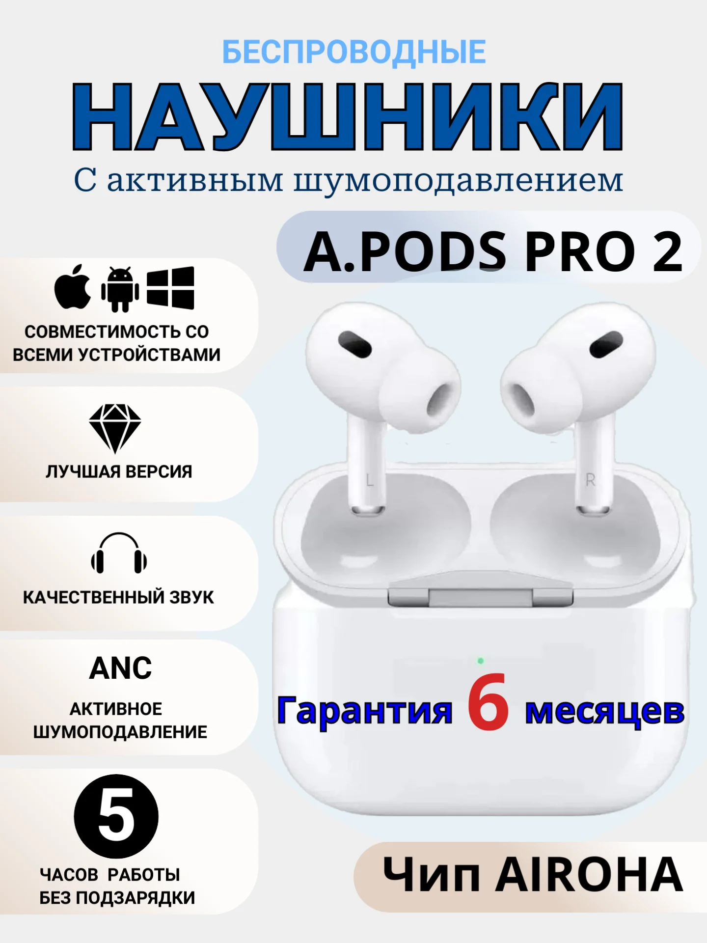 Наушники беспроводные A.PODS PRO 2 с шумоподавлением спортивные