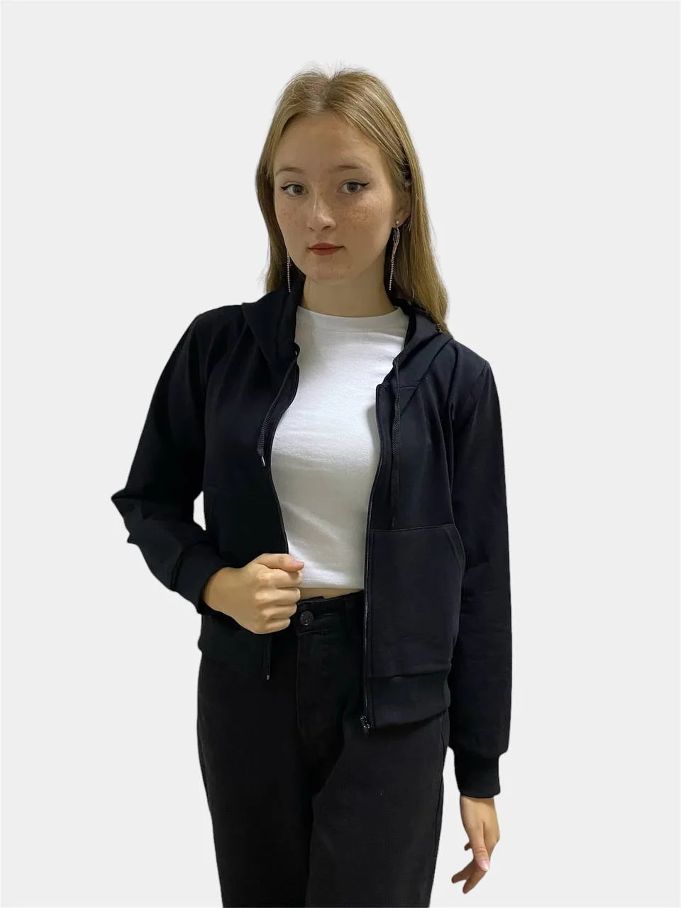 Черный зип худи, кофта на молнии, толстовка, белая, черная