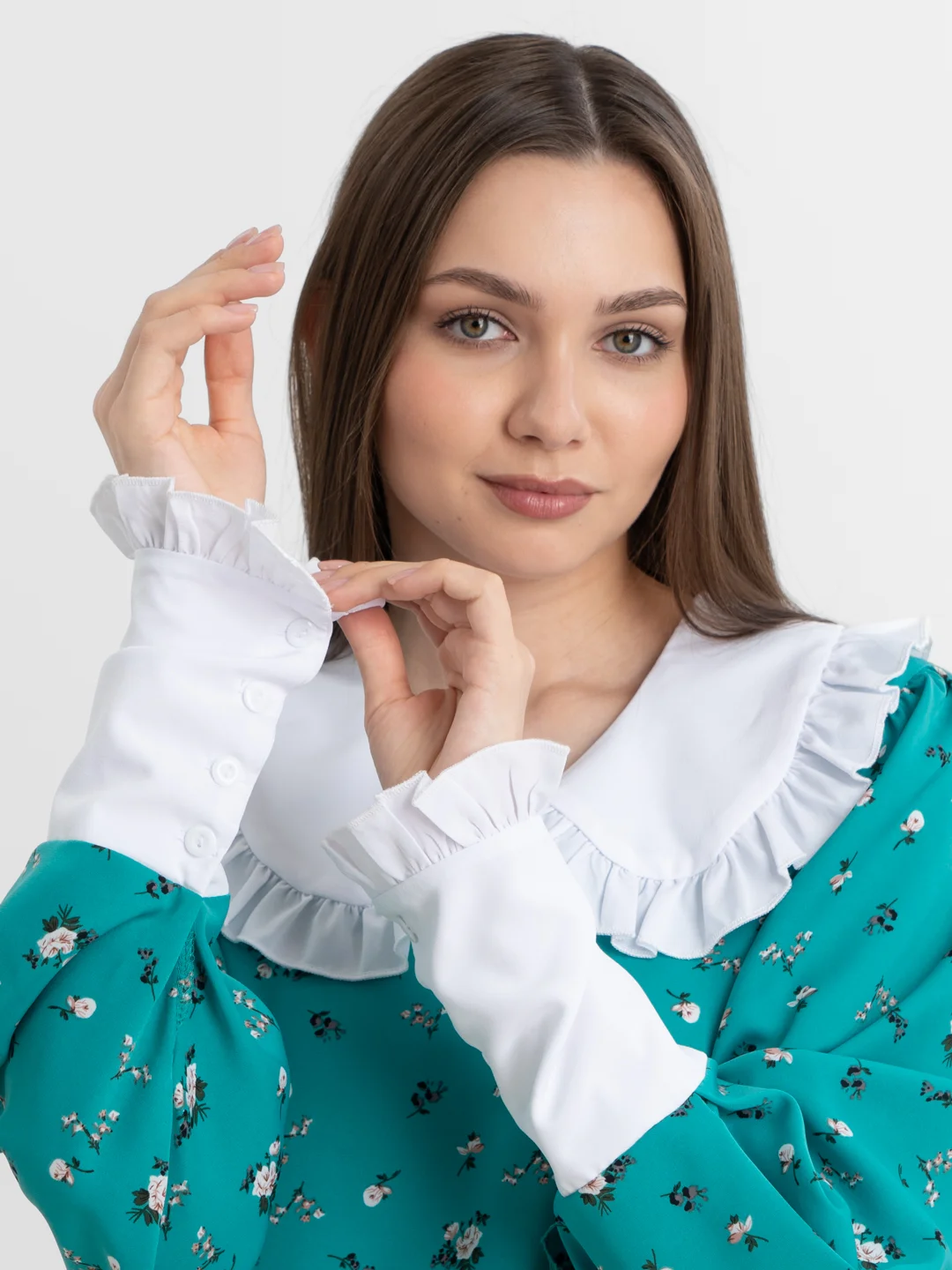 Лесной зеленый платье женское летнее , белый воротник