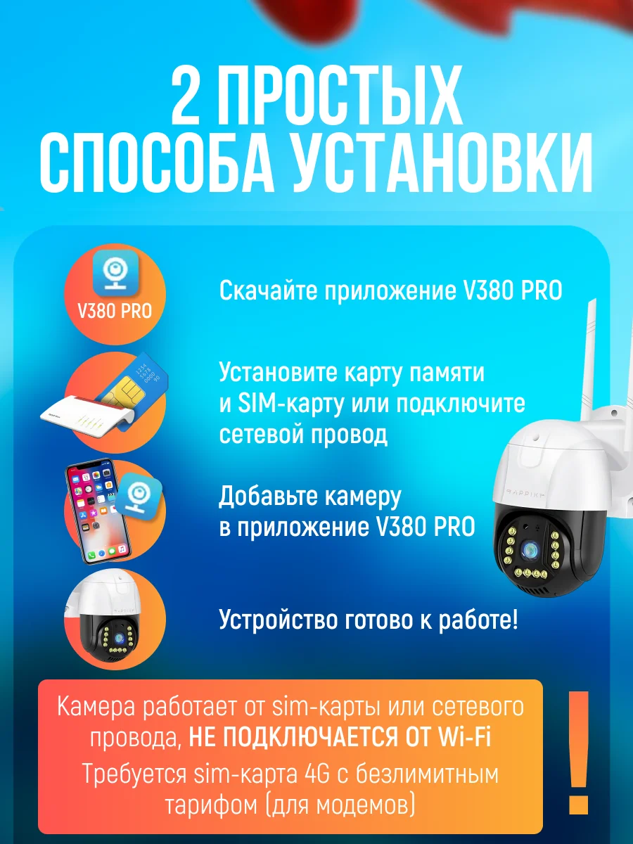 Камера видеонаблюдения 4G уличная с сим картой, 3МП