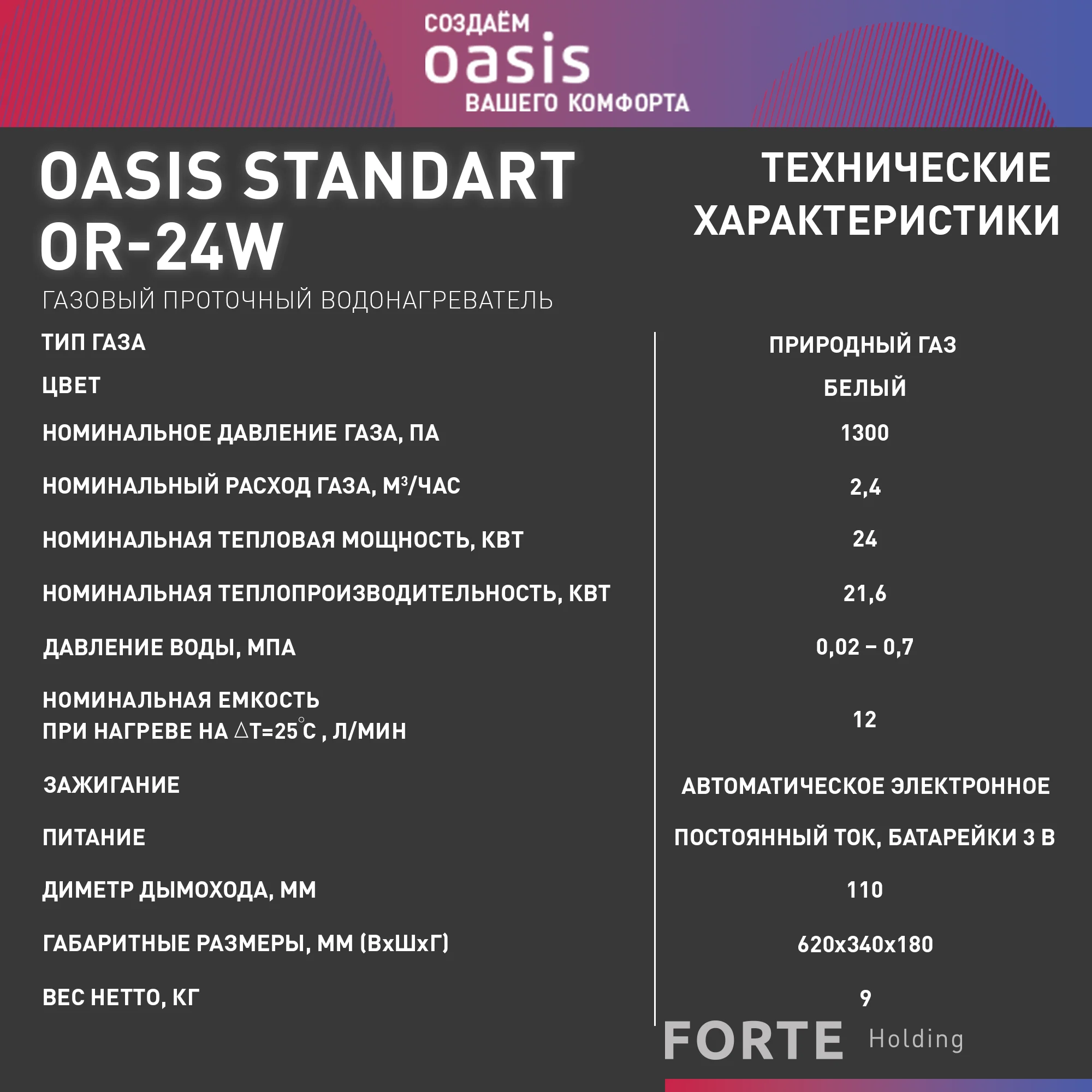 Газовый проточный водонагреватель "Oasis" OR-24W