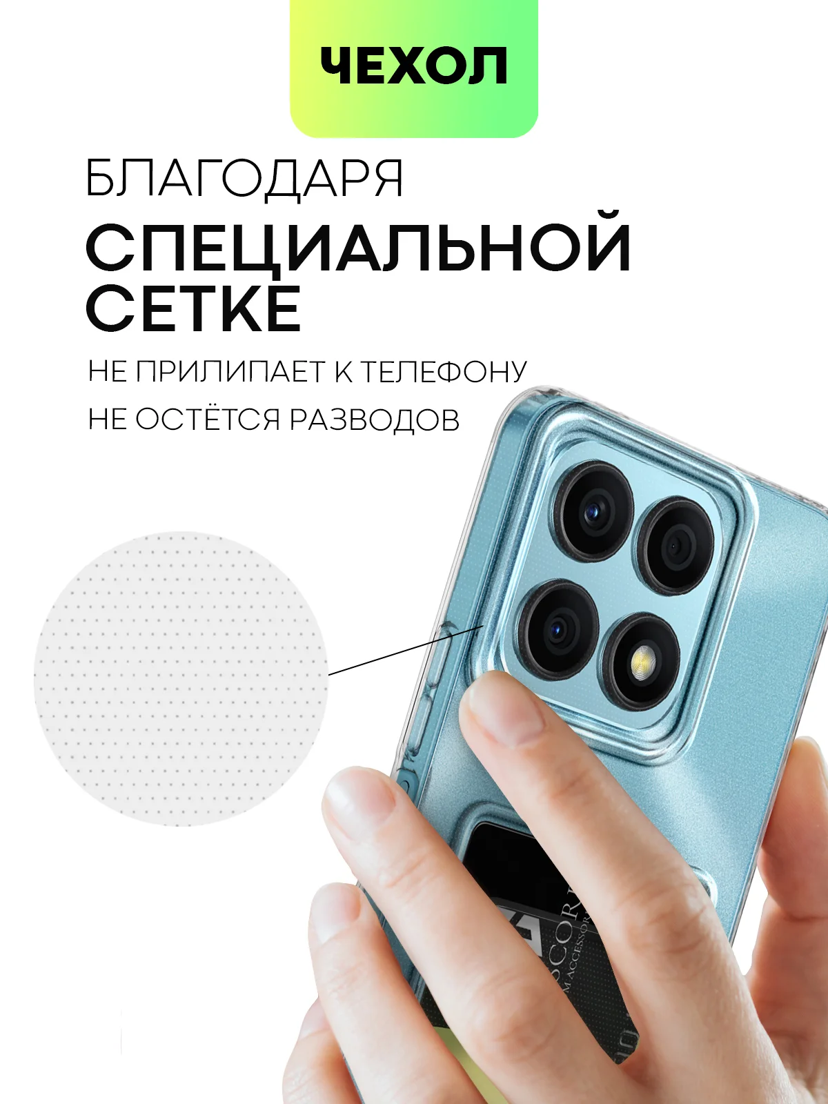Прозрачный чехол для Honor X8a силиконовый BROSCORP с карманом для карт и защитой камер, картхолдер