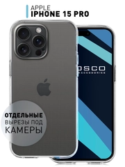 Чехол + стекло для iPhone 15 Pro силиконовый ROSCO прозрачный с бортиком- защитой камер