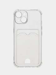 Чехол iPhone 12, 13, 14, 15, Pro, Pro Max, Plus, с карманом для карт, прозрачный, бортами