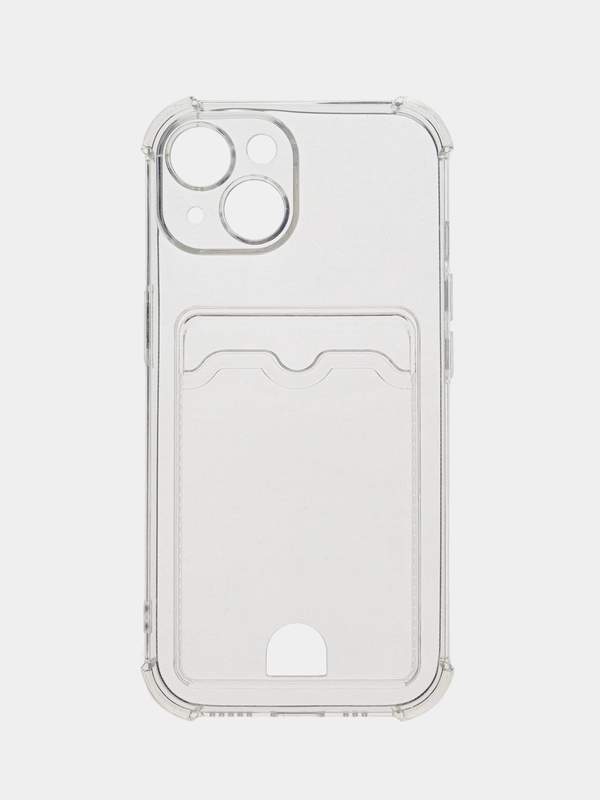 Чехол iPhone 12, 13, 14, 15, Pro, Pro Max, Plus, с карманом для карт, прозрачный, бортами