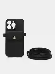 Черный чехол сумка для iPhone 11/12/13/14/15/Pro/Max/Plus на ремешке, с карманом для карт