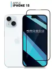 Прозрачный чехол + стекло для iPhone 15 силиконовый ROSCO прозрачный с защитой камер и от прилипания