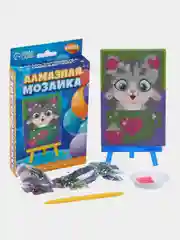 Алмазная мозаика с частичным заполнением на подставке для детей Котик, 10 х 15 см