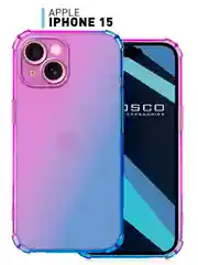 Фиолетовый чехол + стекло для iPhone 15 противоударный силиконовый ROSCO прозрачный, усиленные углы