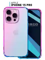 Фиолетовый чехол + стекло для iPhone 15 Pro противоударный силиконовый ROSCO прозрачный с углами