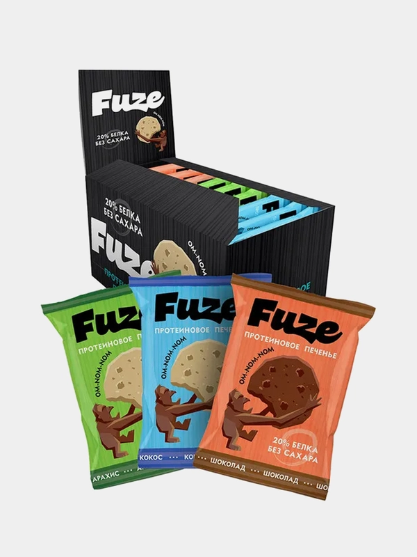 Протеиновое печенье Fuze Арахис, Кокос, Шоколад, без сахара, 9 штук по 40 г