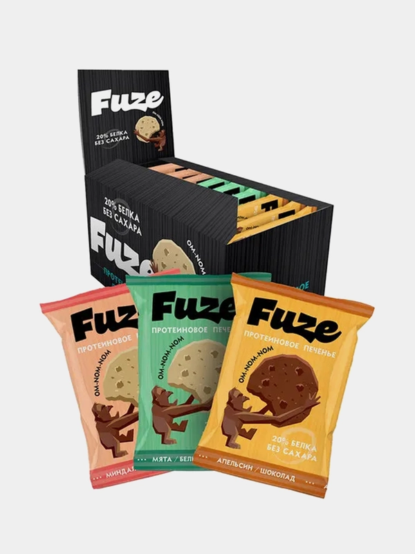 Протеиновое печенье Fuze Миндаль, Мята-белый шоколад, Апельсин-шоколад, 9 штук по 40 г