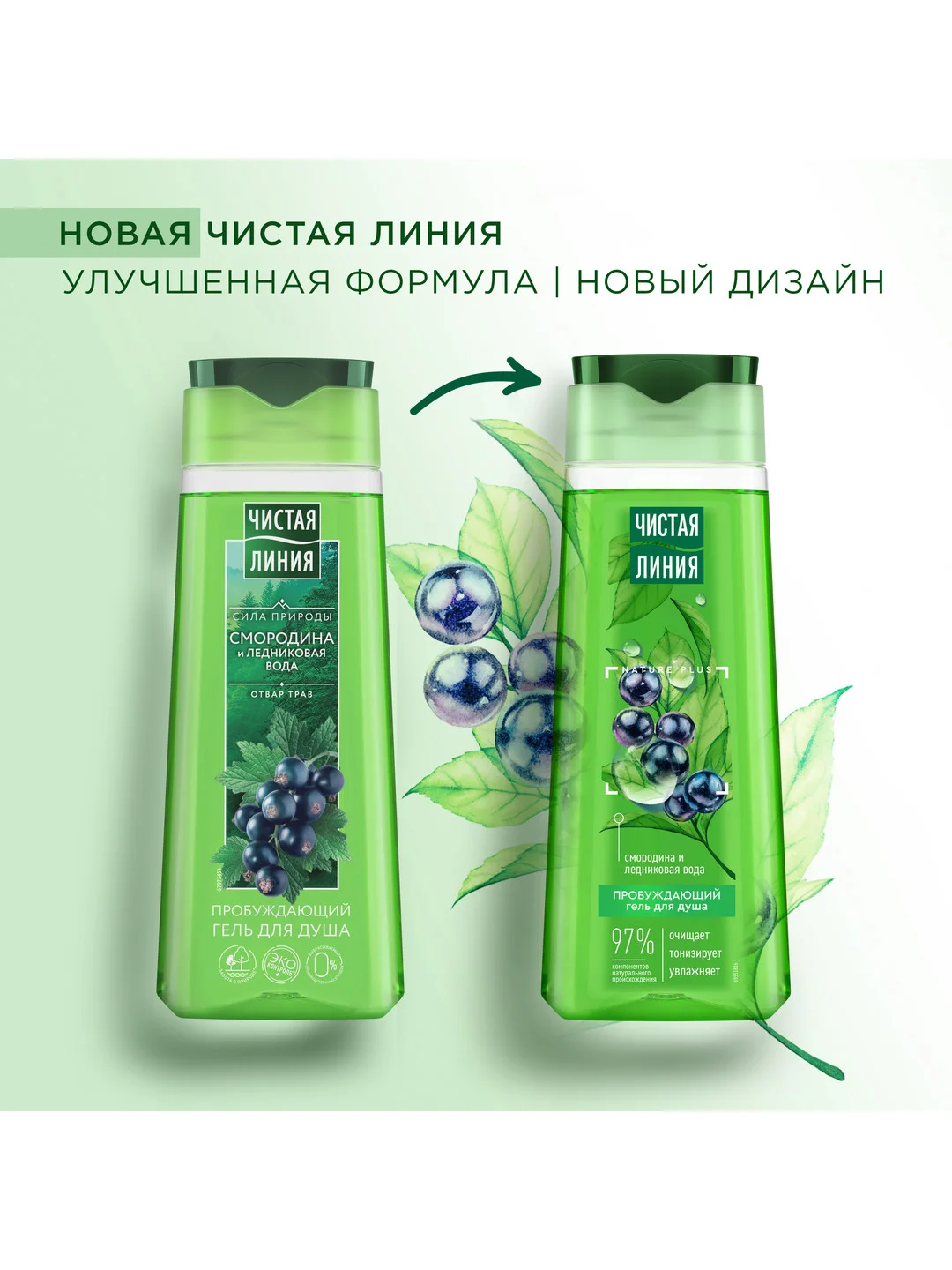 Гель для душа Чистая линия, Пробуждающий, смородина и ледниковая вода, 250 мл